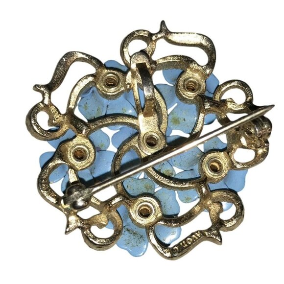 Vintage Avon Blue Enamel Floral Brooch/Pendant With Rhinestones & Gold-Tone Meta - Picture 5 of 7